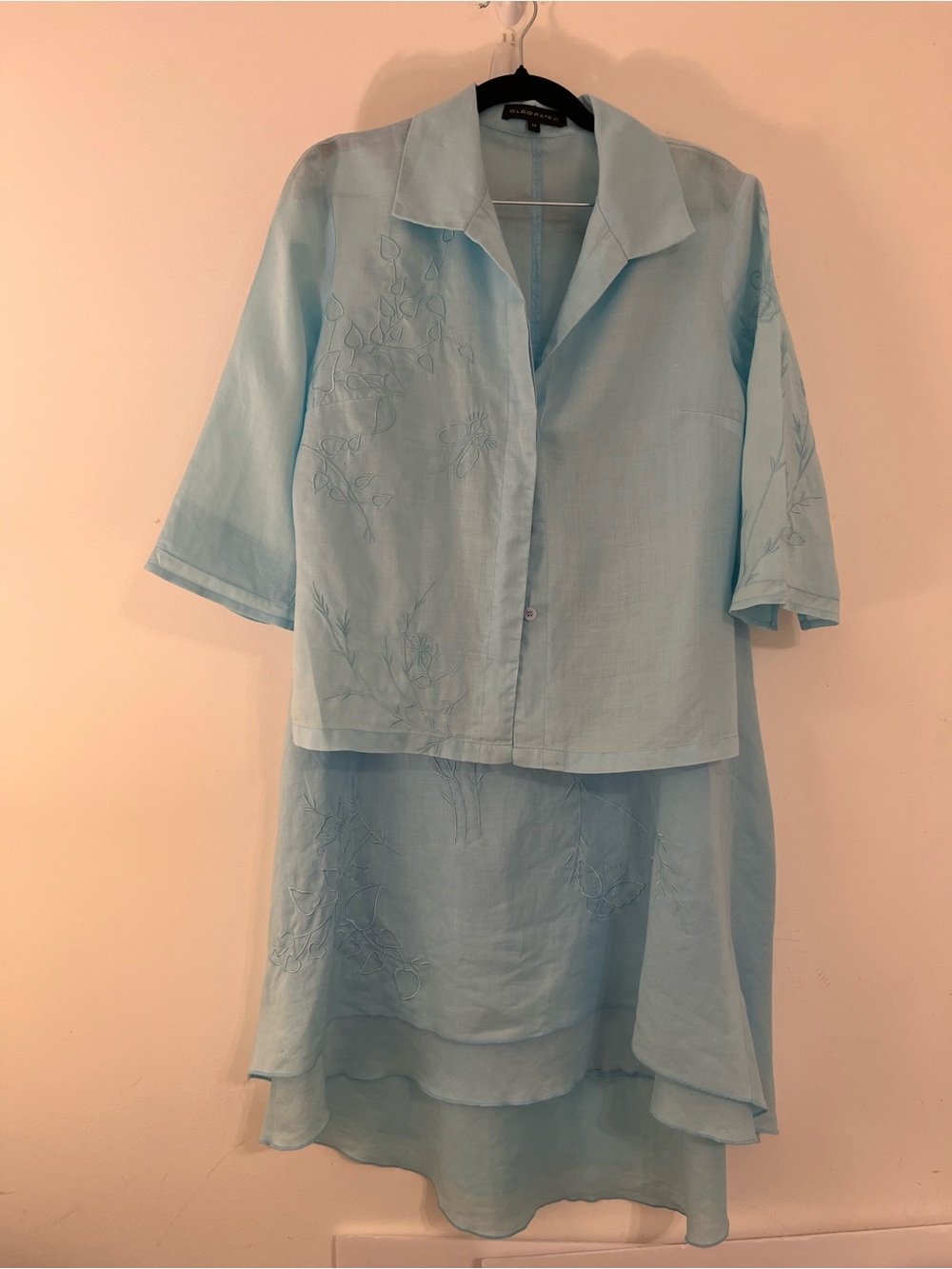 Cleopatra 100% Linen Embroidered 2Pc Set Sky Blue Hi Low Layered Skirt Size M